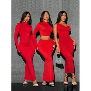 Red Christmas Skin & High-elastic Partially Pleated Midi Skirt Set For Women